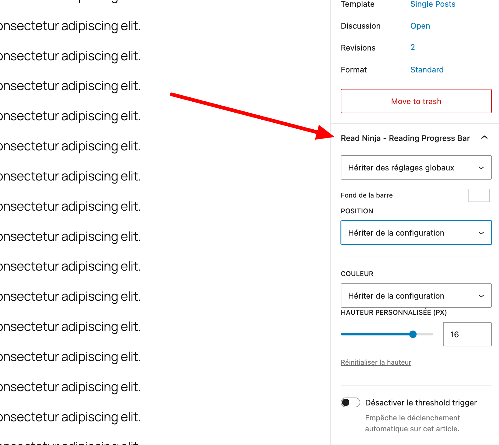 Painel de substituições por artigo ReadNinja na barra lateral do Gutenberg