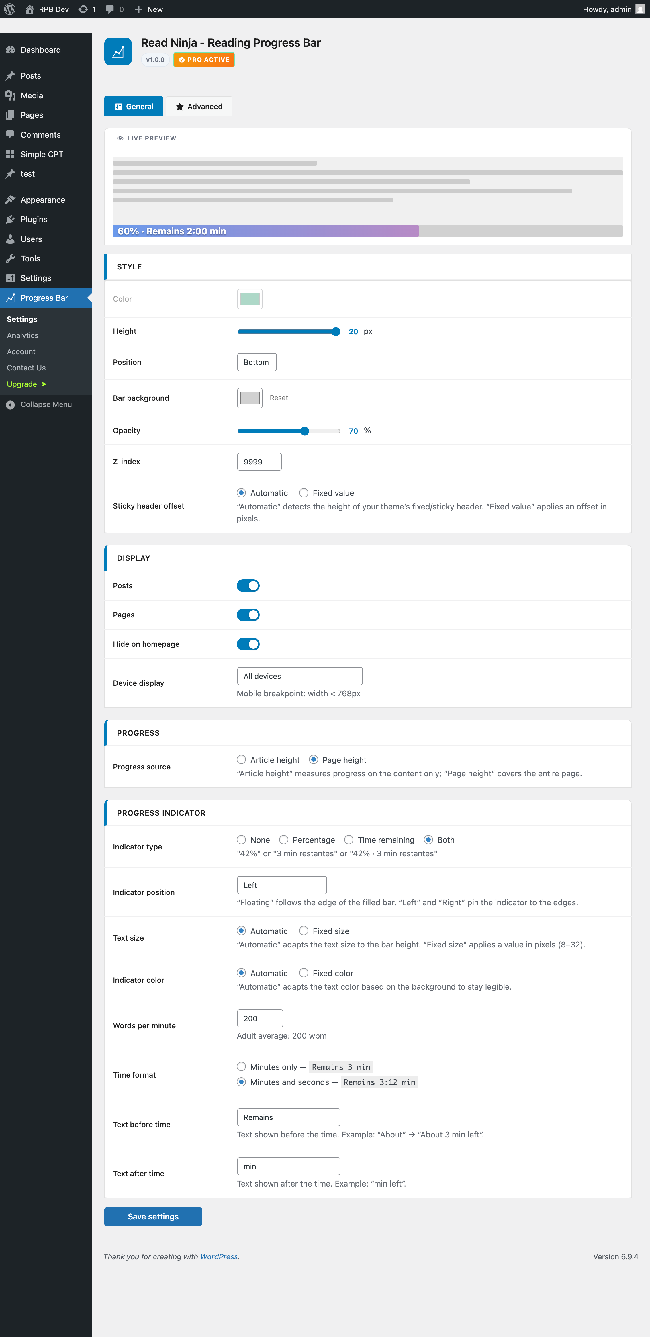 A aba Estilo da página de configurações da Barra de Progresso no painel WordPress